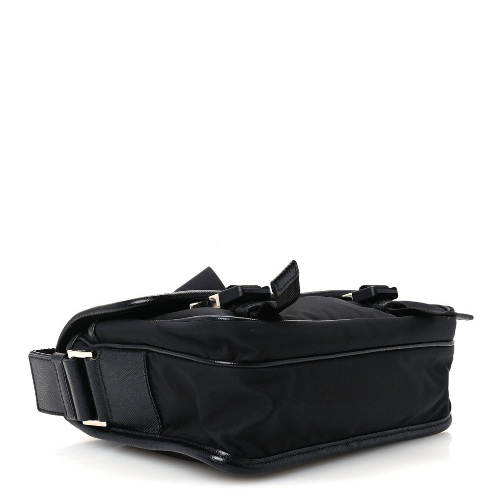 Re-Nylon Saffiano Pocket Double Snap Buckle Shoulder Bag Black