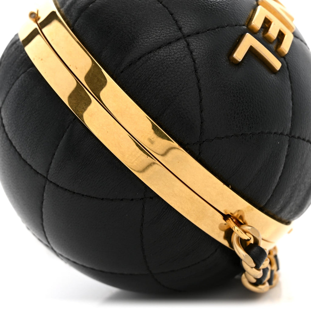 Lambskin Quilted Sphere Minaudiere Chain Clutch Black