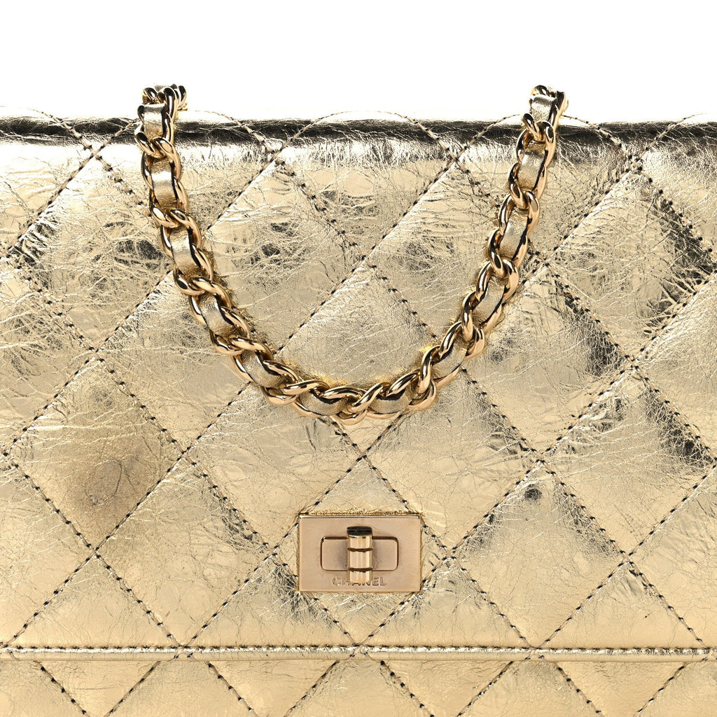 Metallic Aged Calfskin Quilted Reissue Wallet On Chain WOC Gold