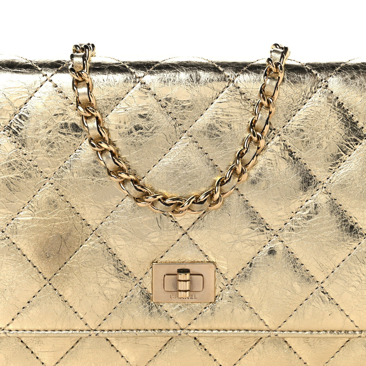 Metallic Aged Calfskin Quilted Reissue Wallet On Chain WOC Gold