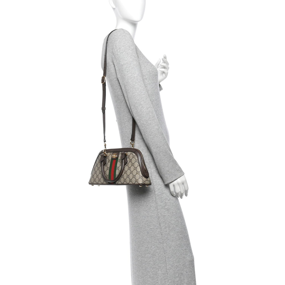 GG Supreme Monogram Textured Dollar Calfskin Web Medium Ophidia Top Handle Bowler Bag Beige Ebony New Acero