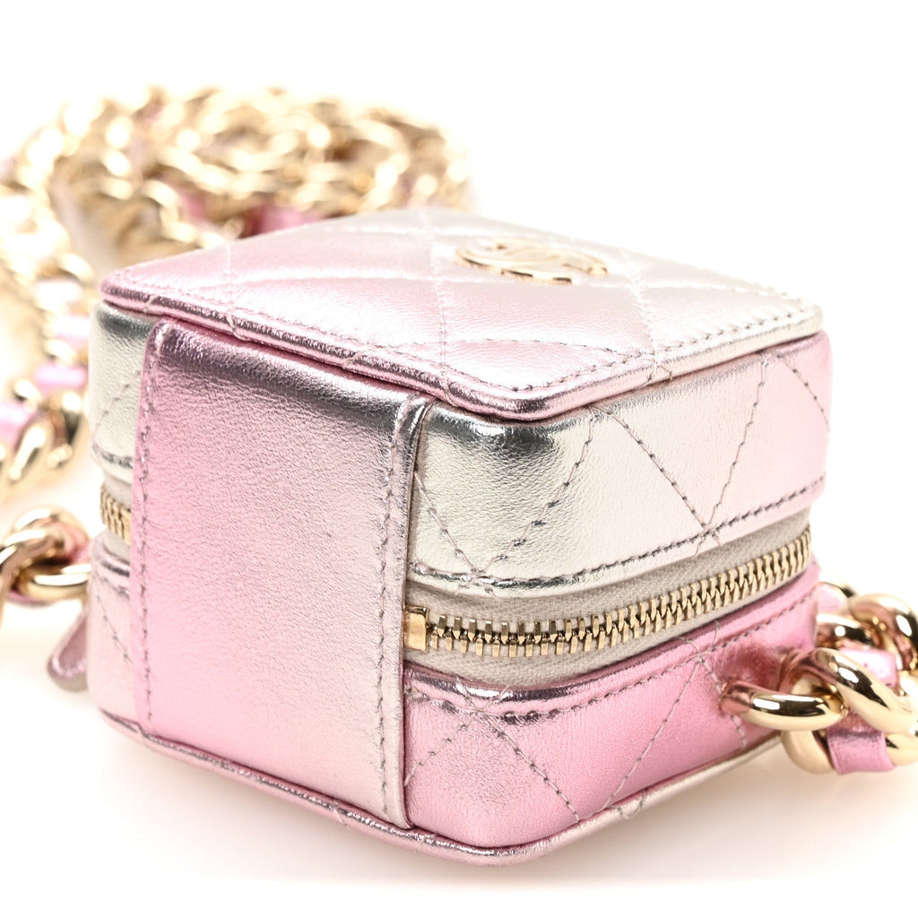 Gradient Metallic Lambskin Quilted Like A Wallet Clutch With Chain Gold Pink