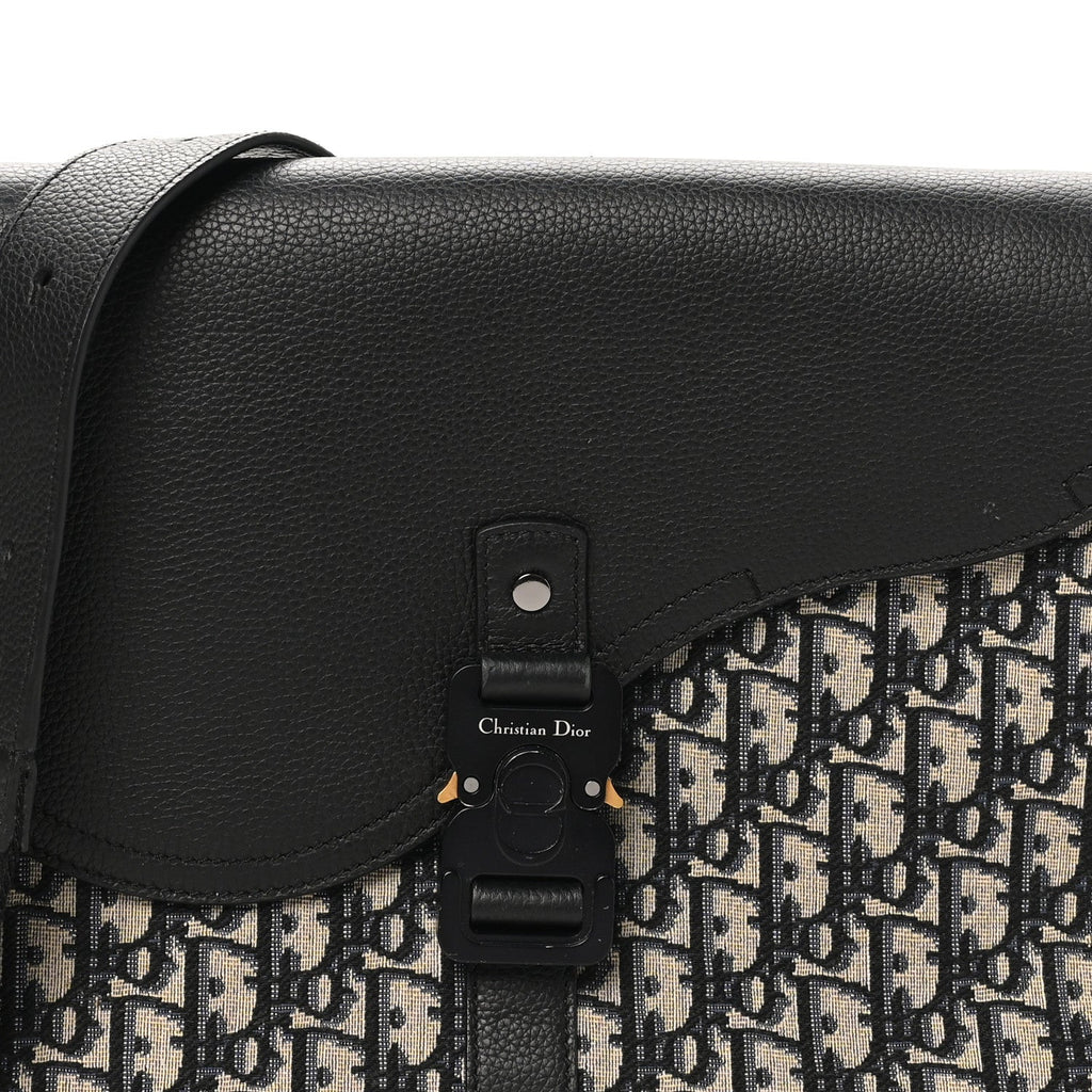 Oblique Jacquard Grained Calfskin Medium Saddle Messenger Bag Beige Black