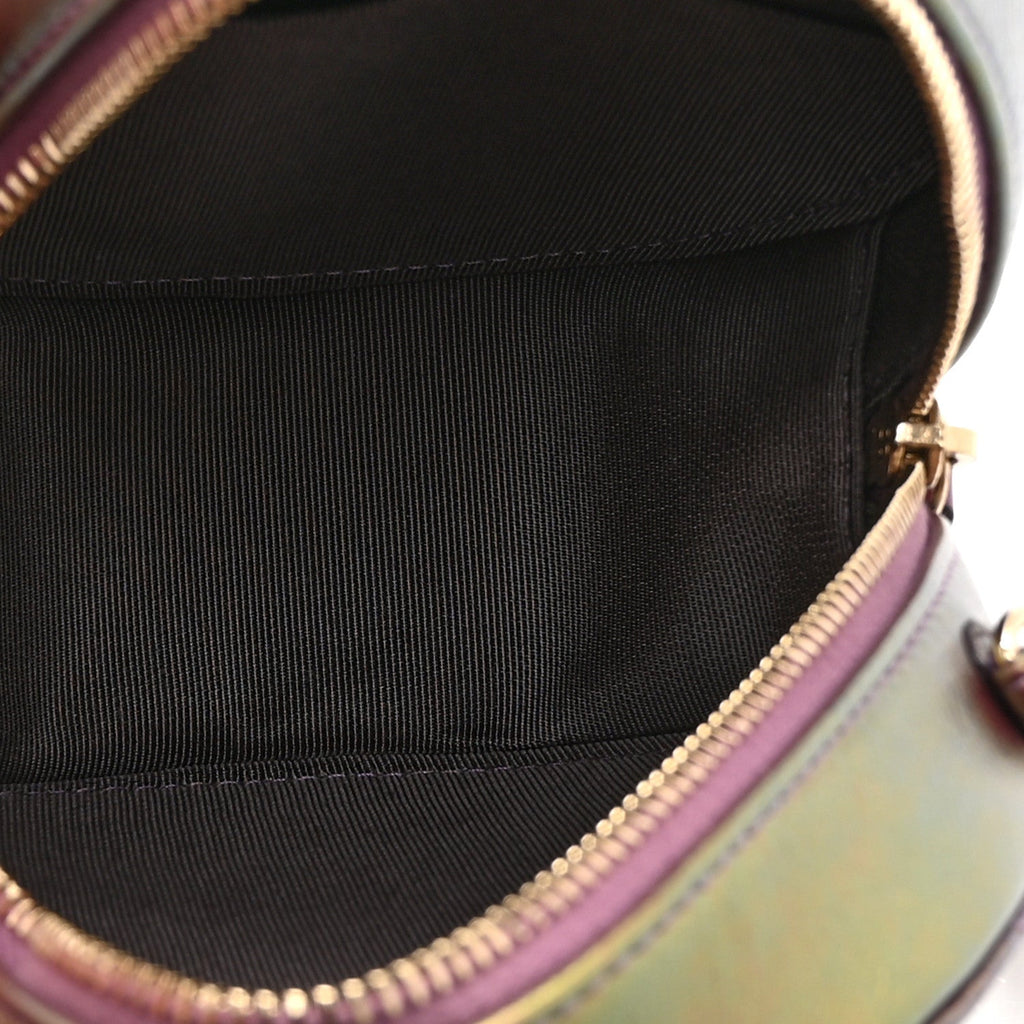 Iridescent Lambskin Quilted Round Clutch With Chain Purple