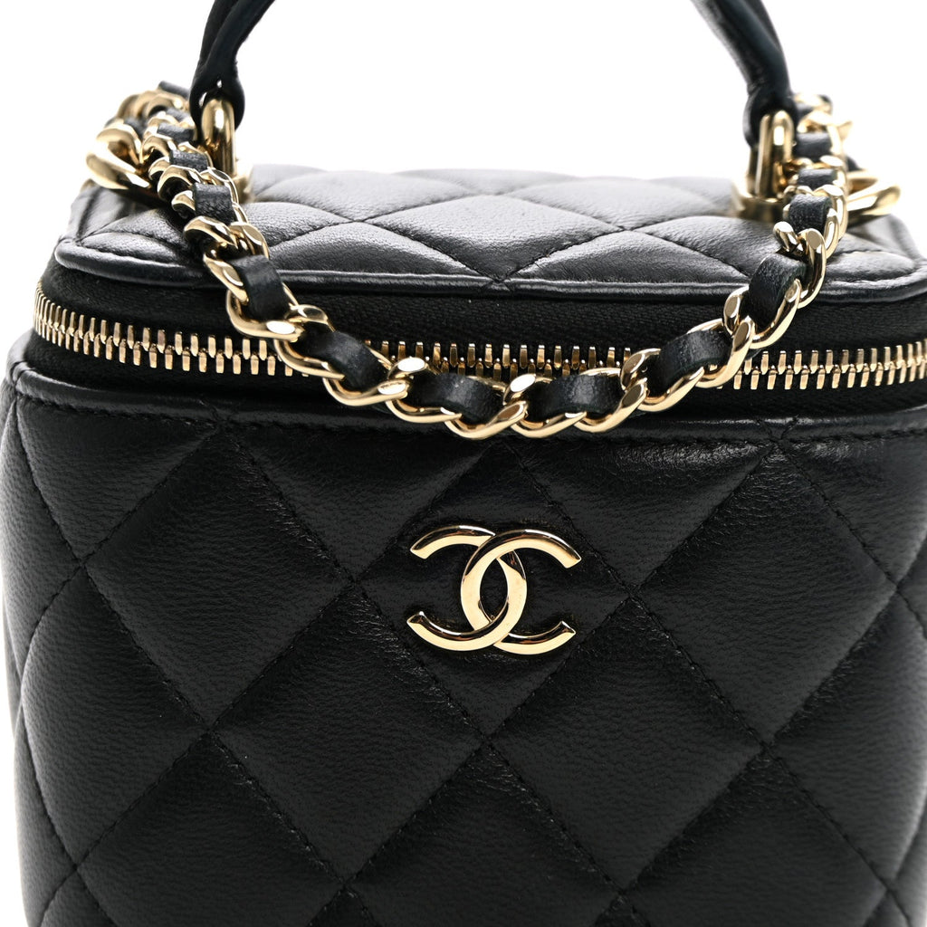Lambskin Quilted Top Handle Mini Vanity Case With Chain Black