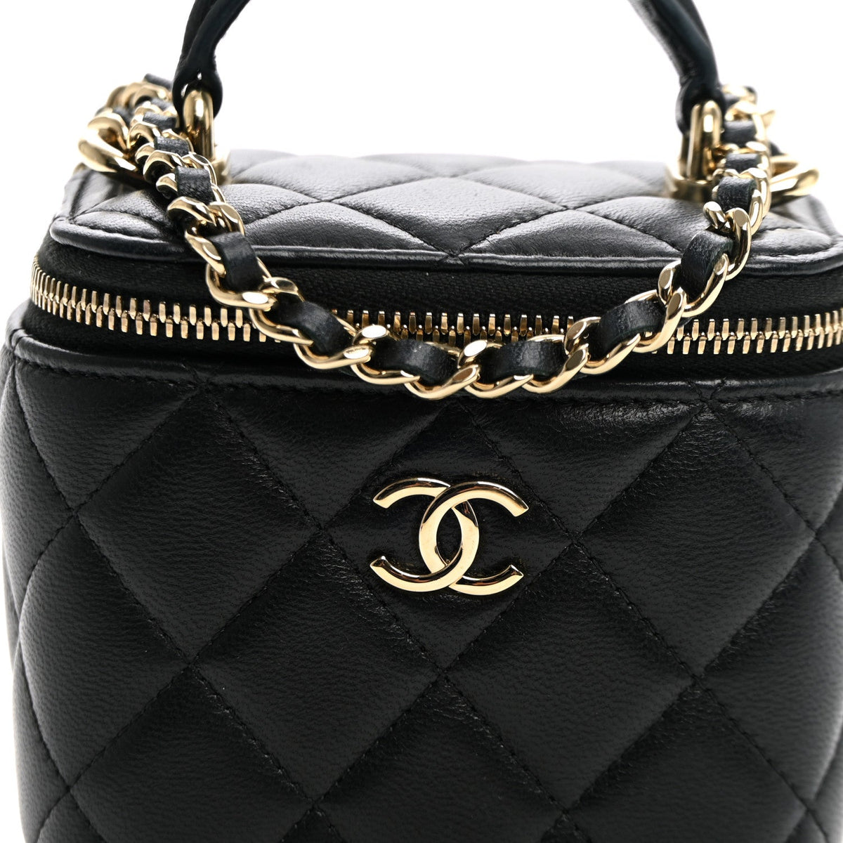 Lambskin Quilted Top Handle Mini Vanity Case With Chain Black
