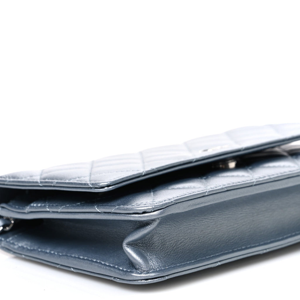 Metallic Lambskin Quilted Wallet On Chain WOC Silver
