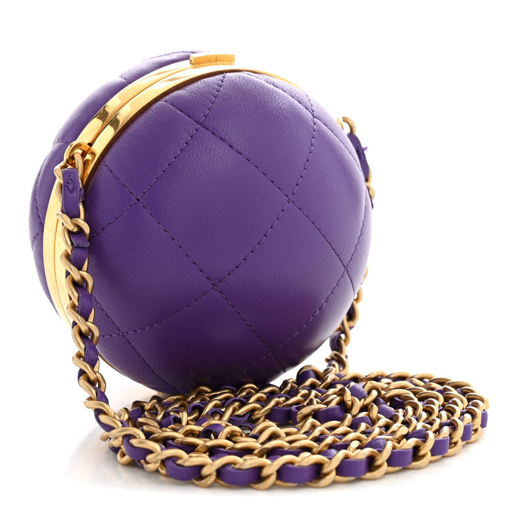 Lambskin Quilted Sphere Minaudiere Chain Clutch Purple