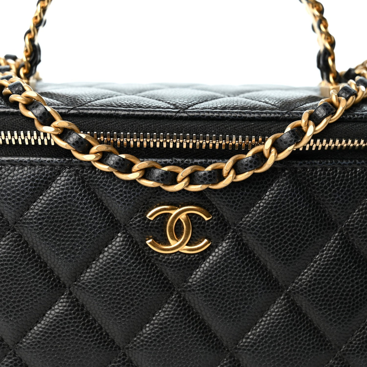Caviar Quilted Chanel Way Top Handle Vanity Case With Chain Black
