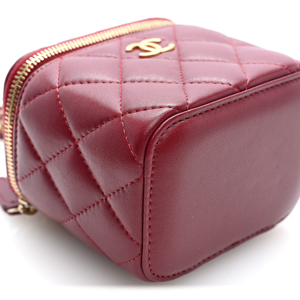 Lambskin Quilted Mini Top Handle Vanity Case With Chain Burgundy