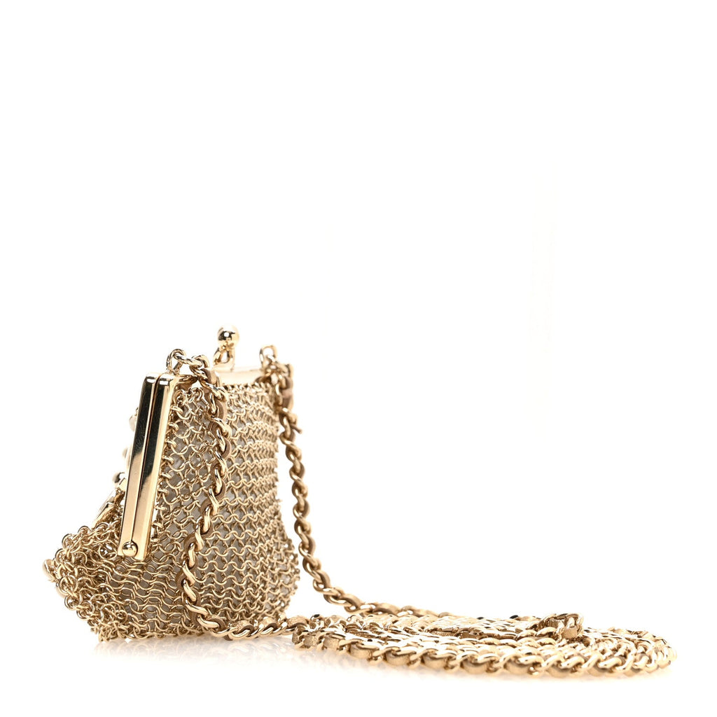 Metal Pearl Enamel Kiss Lock Chain Mail Charm Clutch Gold