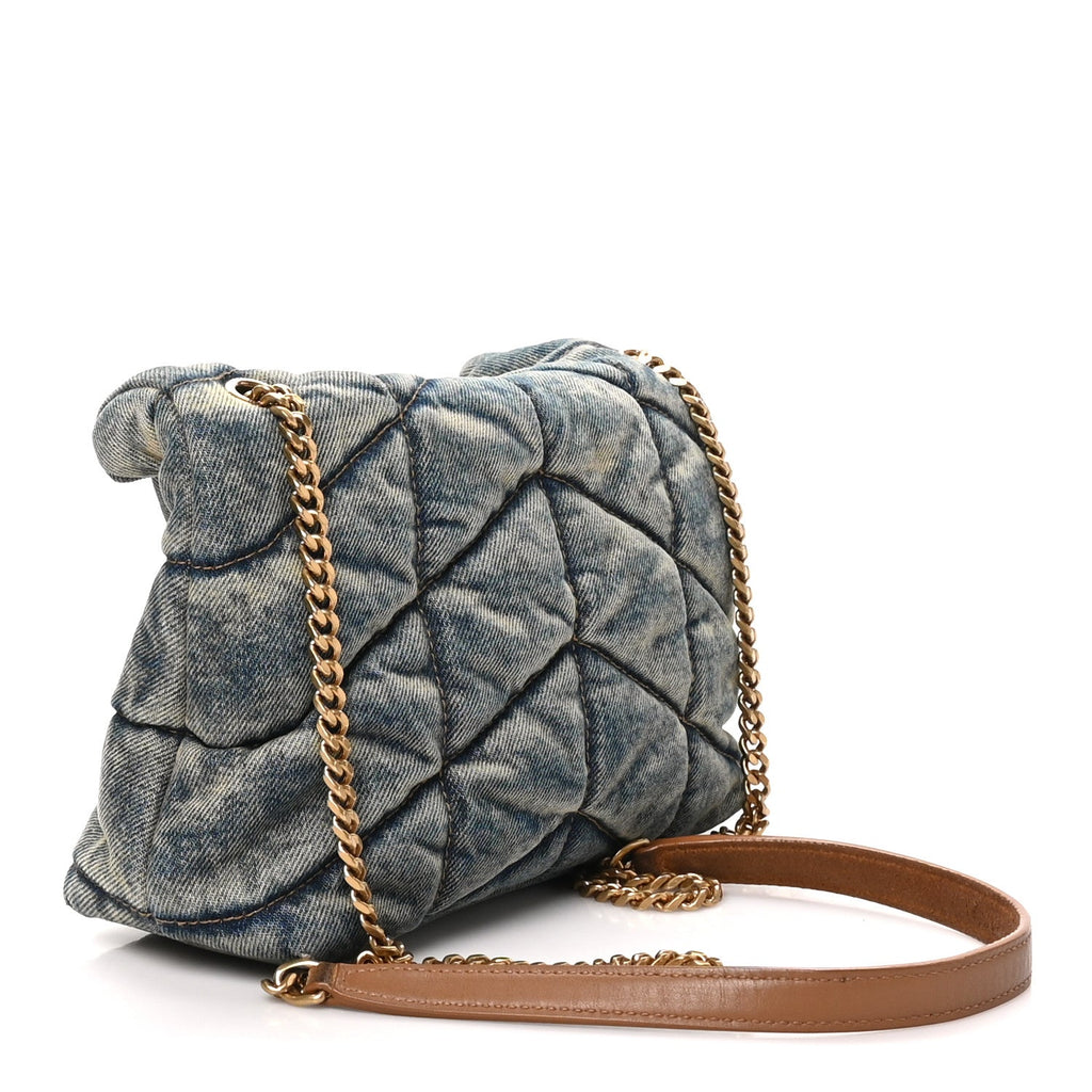 Denim Quilted Small Loulou Puffer Monogram Chain Satchel Blue Cinnamon