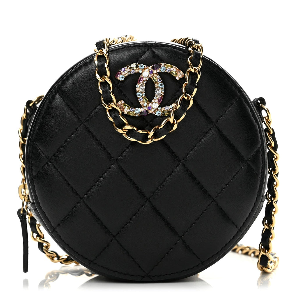 Lambskin Quilted Zirconium Round Clutch With Chain Black