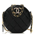 Lambskin Quilted Zirconium Round Clutch With Chain Black