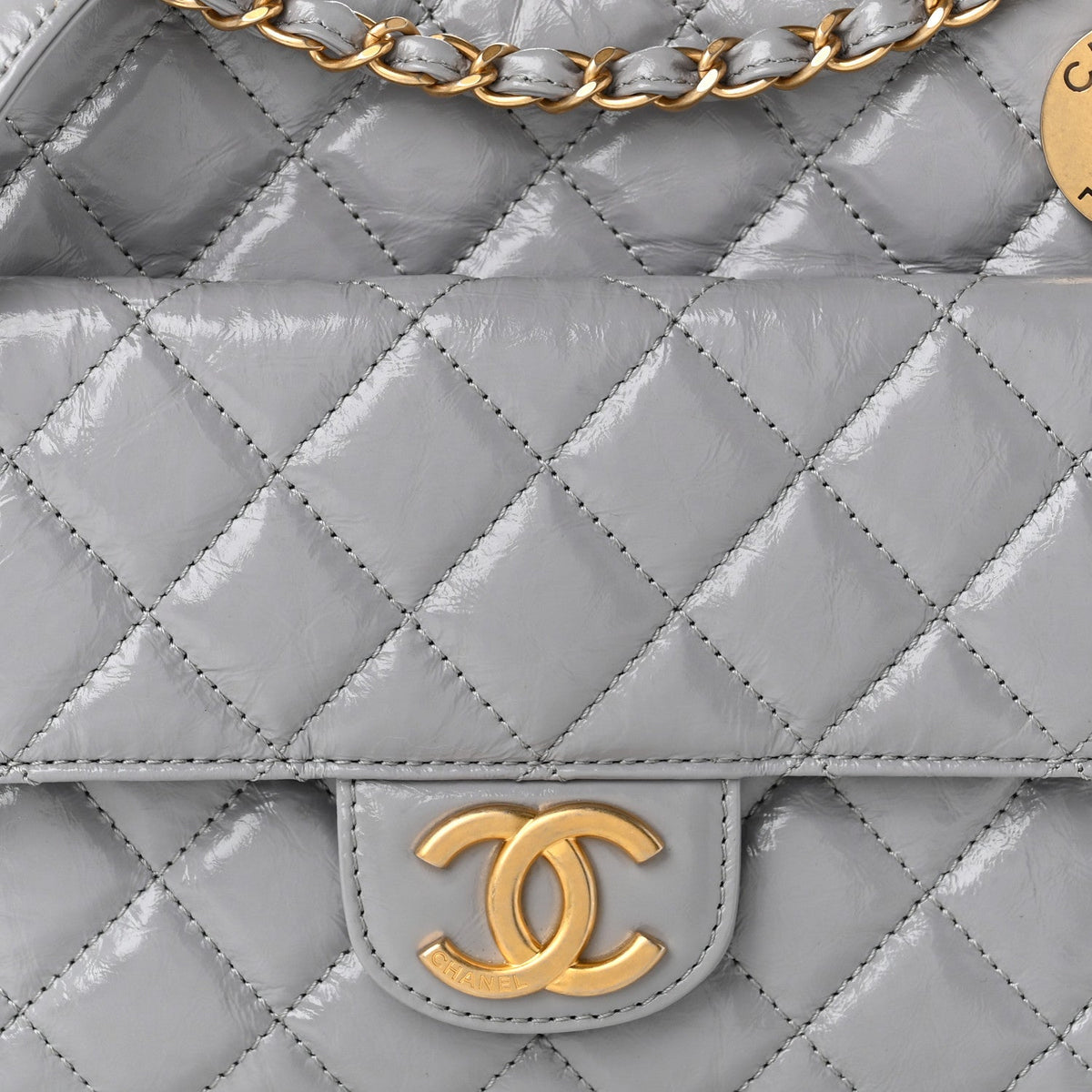 Shiny Crumpled Calfskin Quilted Wavy CC Hobo Grey