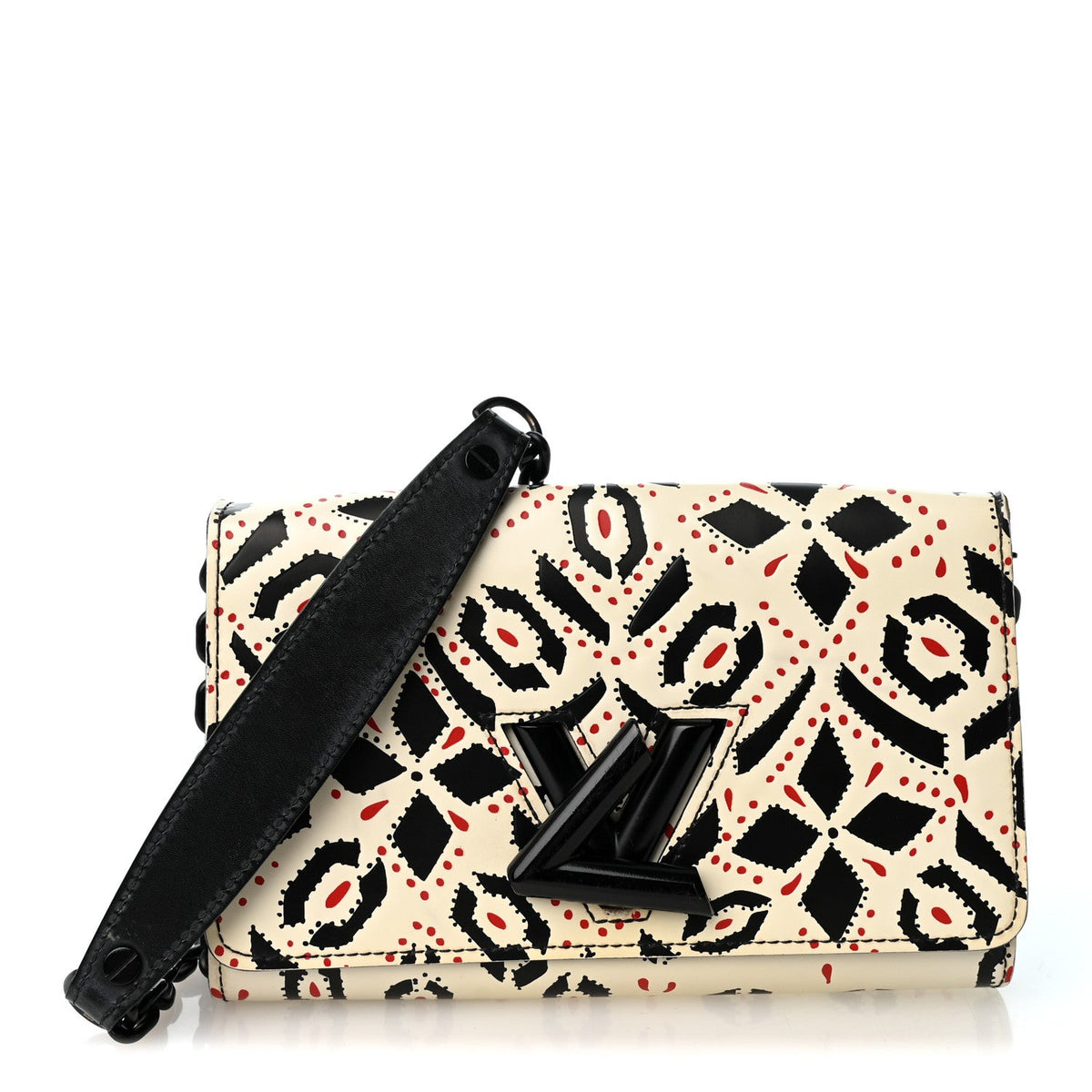 Calfskin Graphic Print Twist Chain Wallet White Black White Black