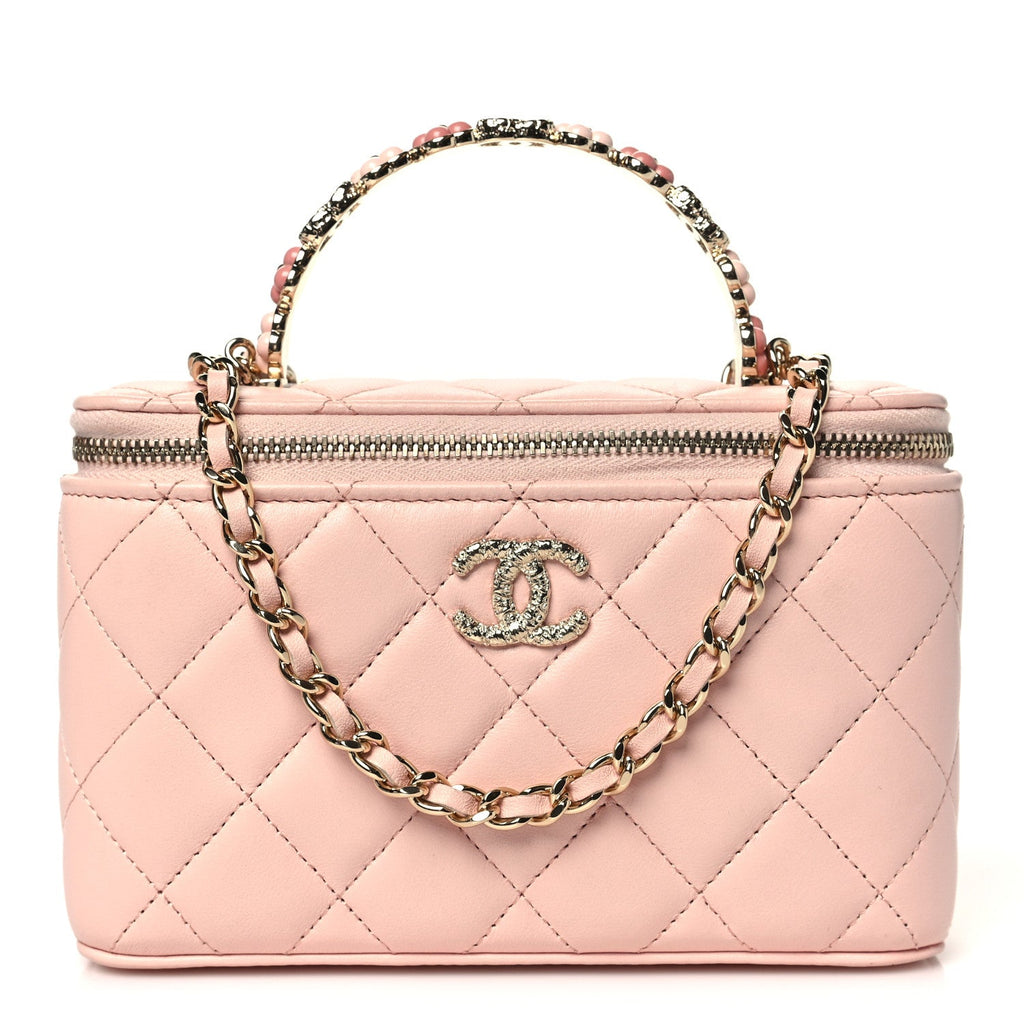 Lambskin Quilted Metal Enamel Flower Mini Top Handle Vanity Case With Chain Light Pink
