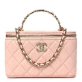 Lambskin Quilted Metal Enamel Flower Mini Top Handle Vanity Case With Chain Light Pink