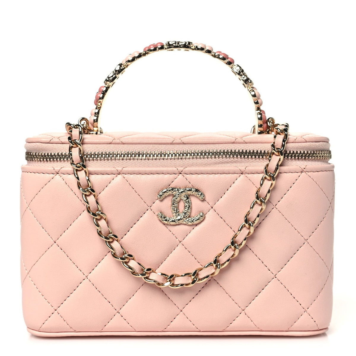 Lambskin Quilted Metal Enamel Flower Mini Top Handle Vanity Case With Chain Light Pink