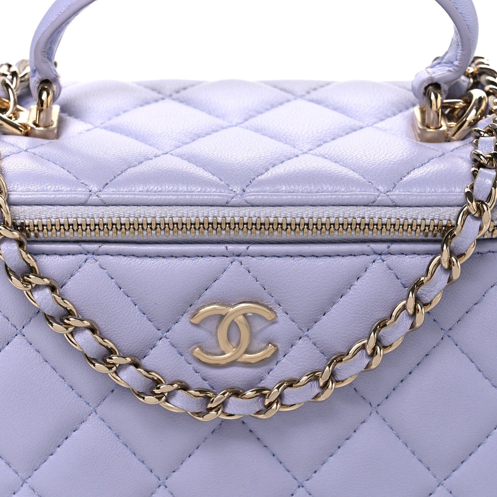 Lambskin Quilted Small Top Handle Vanity Case With Chain Light Purple