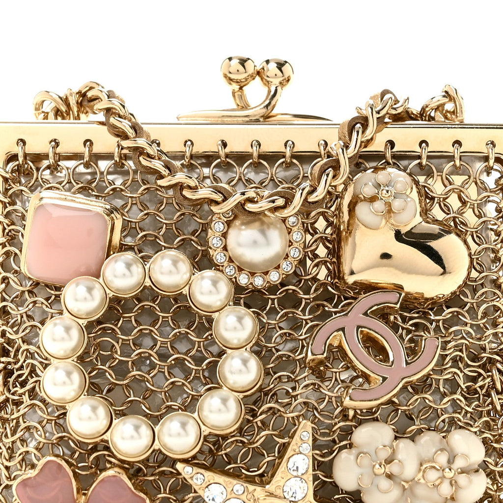 Metal Pearl Enamel Kiss Lock Chain Mail Charm Clutch Gold