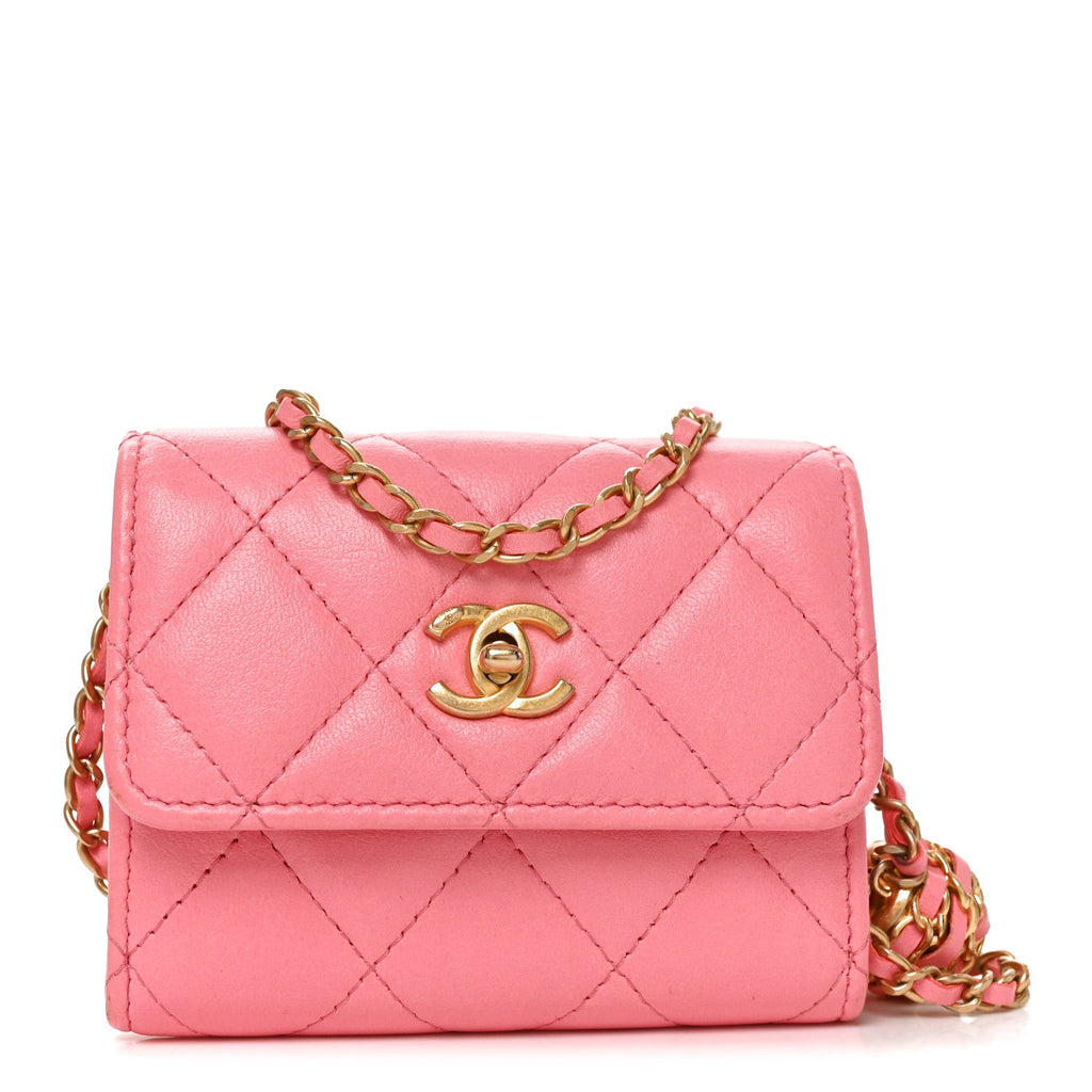Lambskin Quilted Pearl Crush Card Holder With Chain Pink