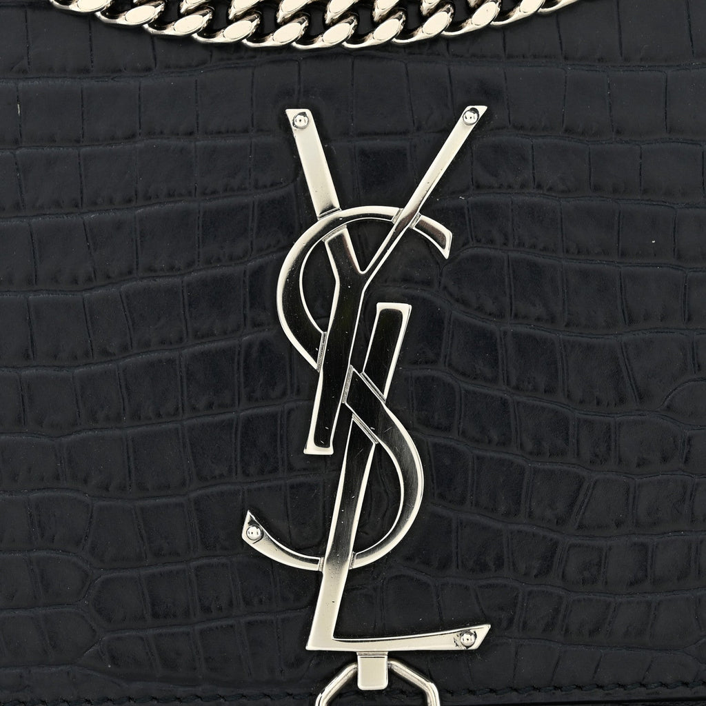 Calfskin Crocodile Embossed Medium Classic Monogram Kate Tassel Satchel Deep Marine
