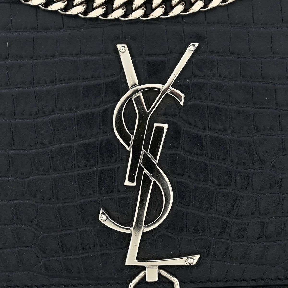 Calfskin Crocodile Embossed Medium Classic Monogram Kate Tassel Satchel Deep Marine