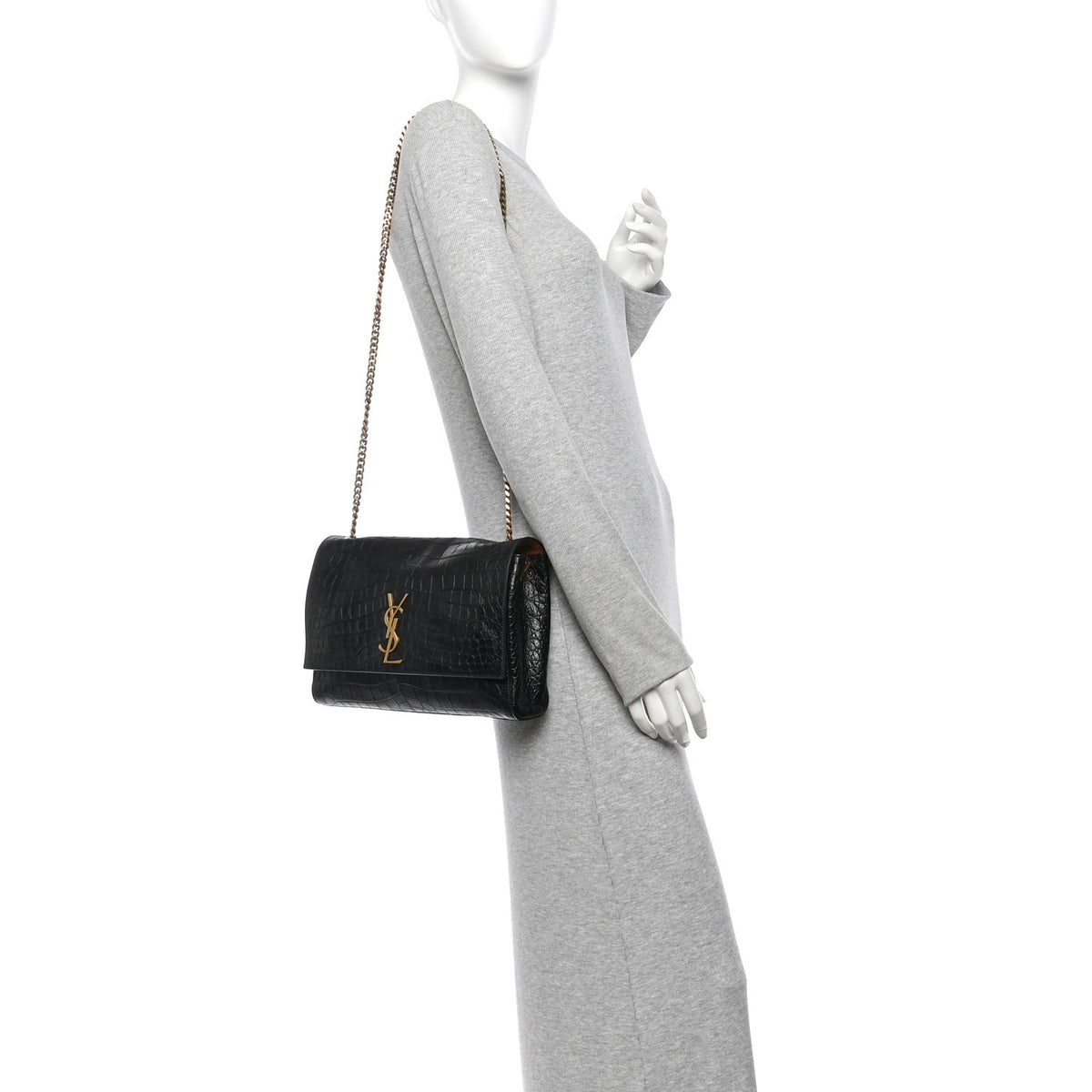 Calfskin Crocodile Embossed Suede Medium Reversible Monogram Kate Satchel Military Taupe