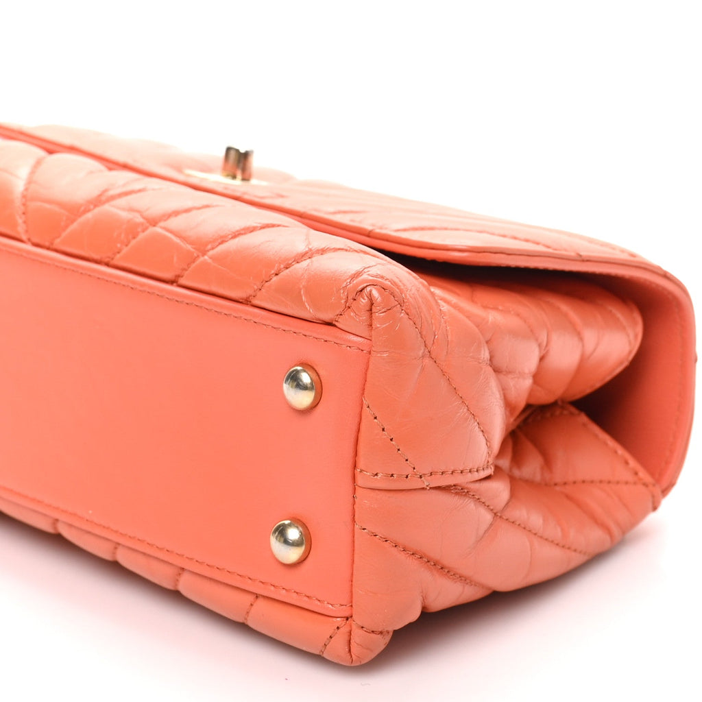 Aged Calfskin Chevron Quilted Mini Coco Handle Flap Orange