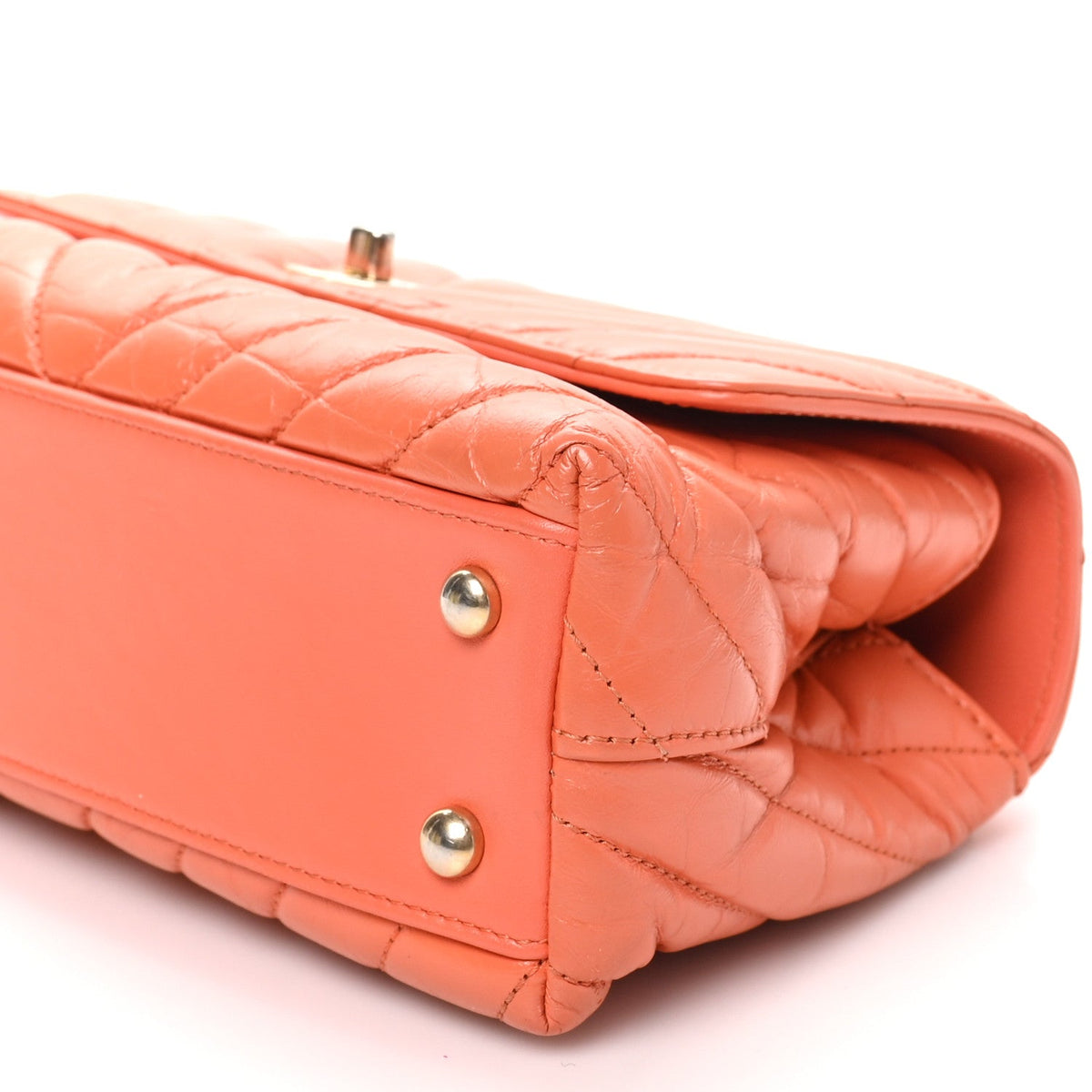 Aged Calfskin Chevron Quilted Mini Coco Handle Flap Orange