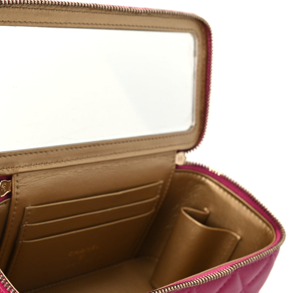 Lambskin Quilted Small Pearl Crush Vanity Case With Chain Fuchsia
