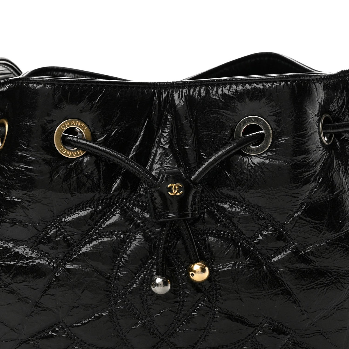 Shiny Aged Calfskin CC Chain Drawstring Bag Black