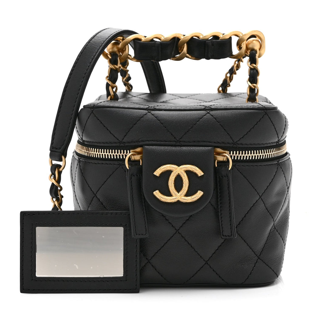 Calfskin Quilted Small Vanity Case With Chain Black