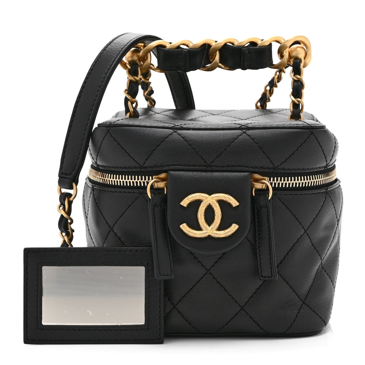 Calfskin Quilted Small Vanity Case With Chain Black