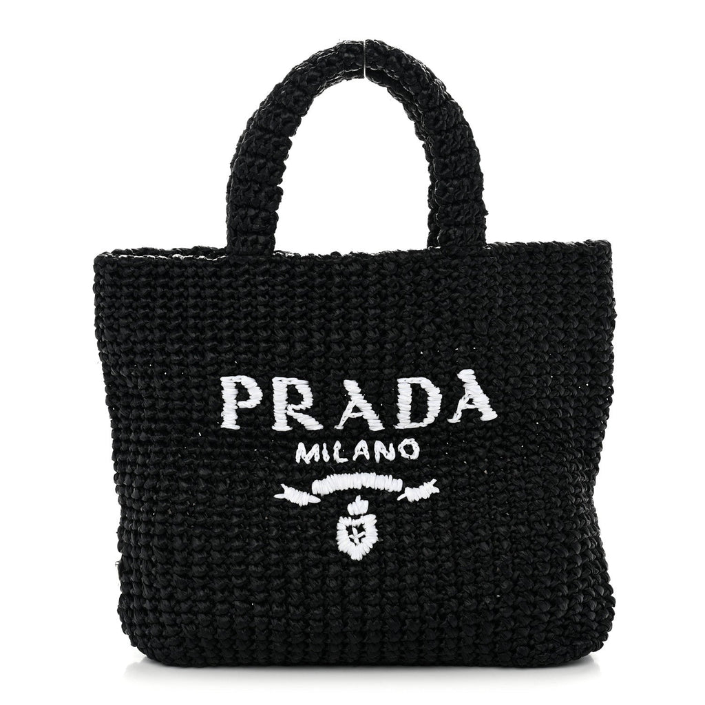 Yarn Raffia Effect Crochet Small Logo Tote Black