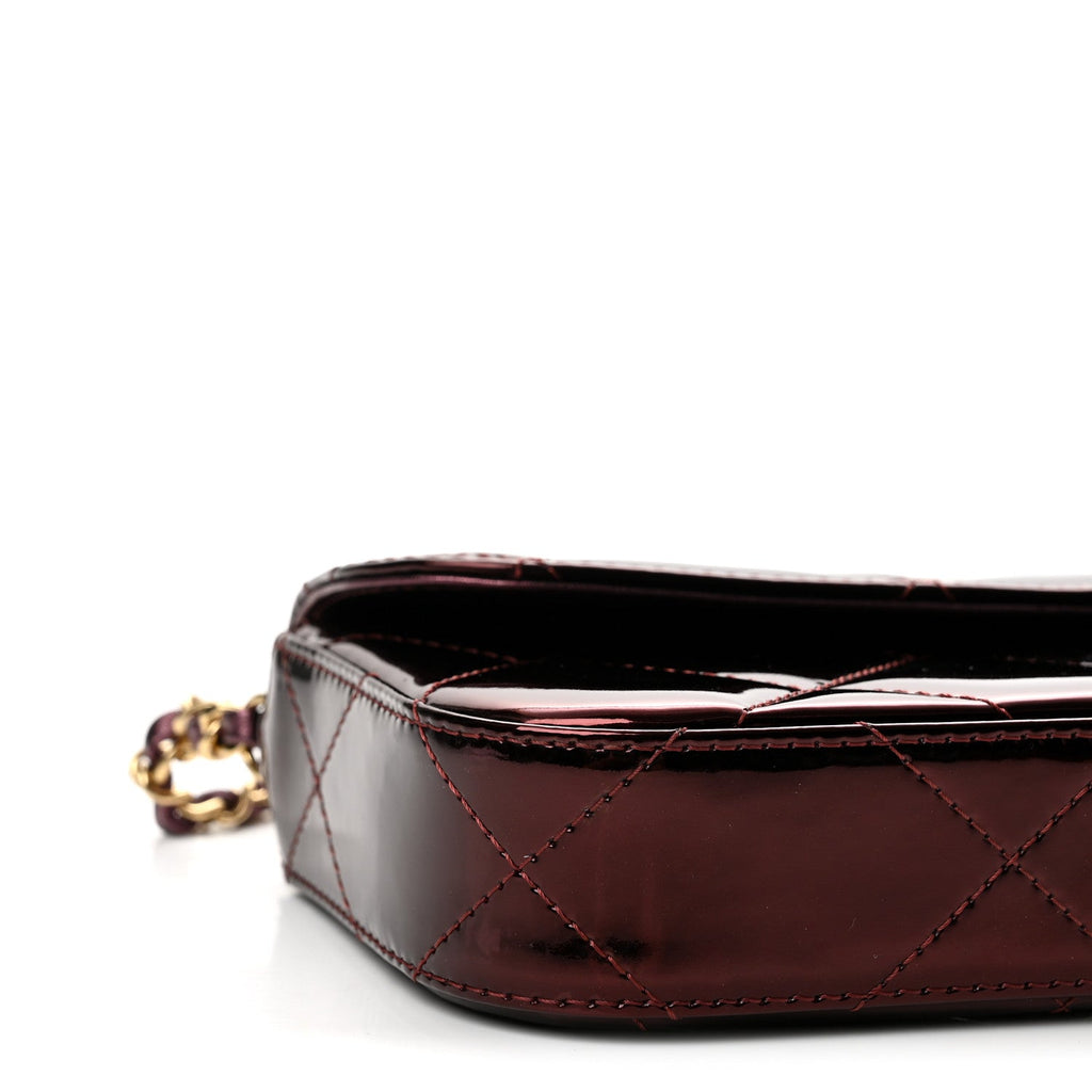 Metallic Mirror Calfskin Large Top Handle Clutch With Chain  Burgundy
