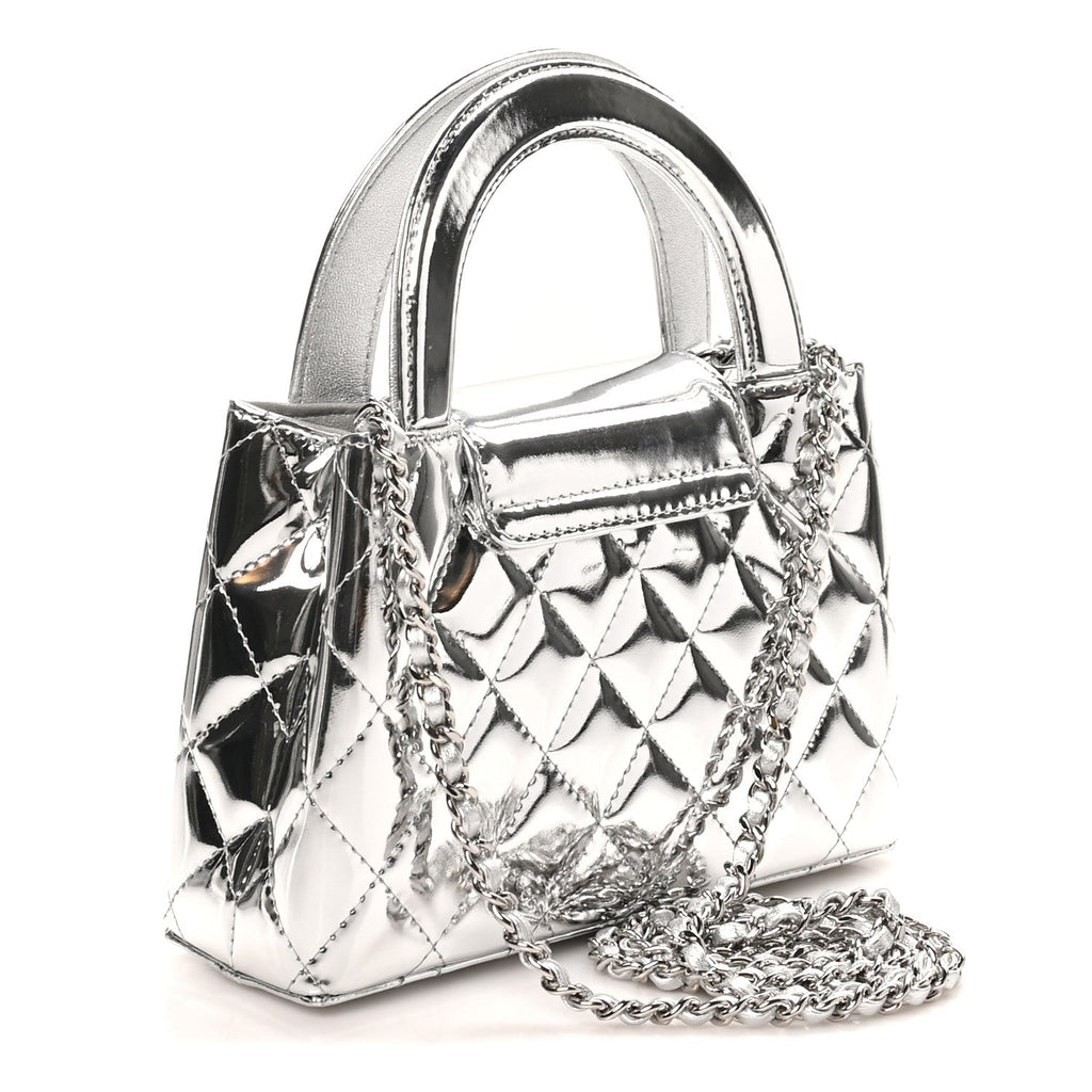 Mirror Calfskin Metallic Calfskin Quilted Nano Kelly Shopper Silvery