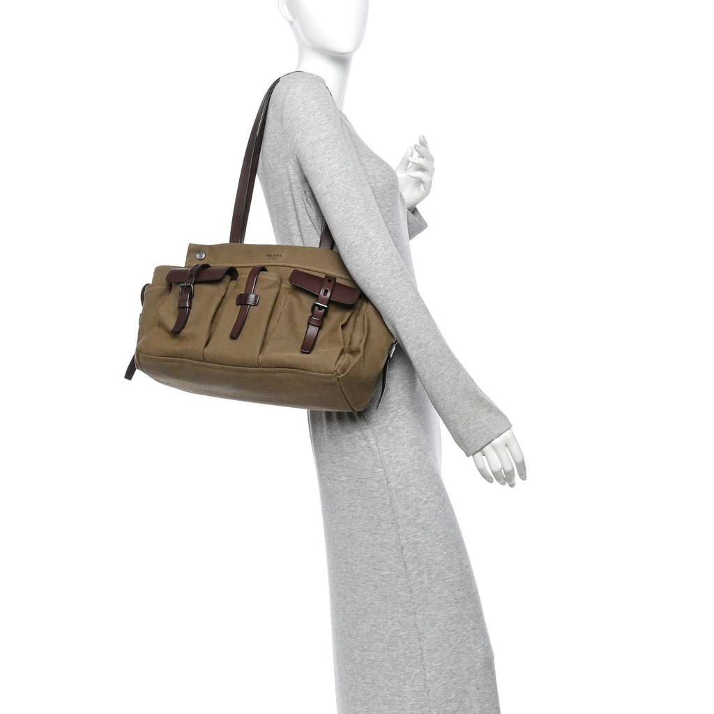 Canvas Calfskin Large Route Shoulder Bag Khaki