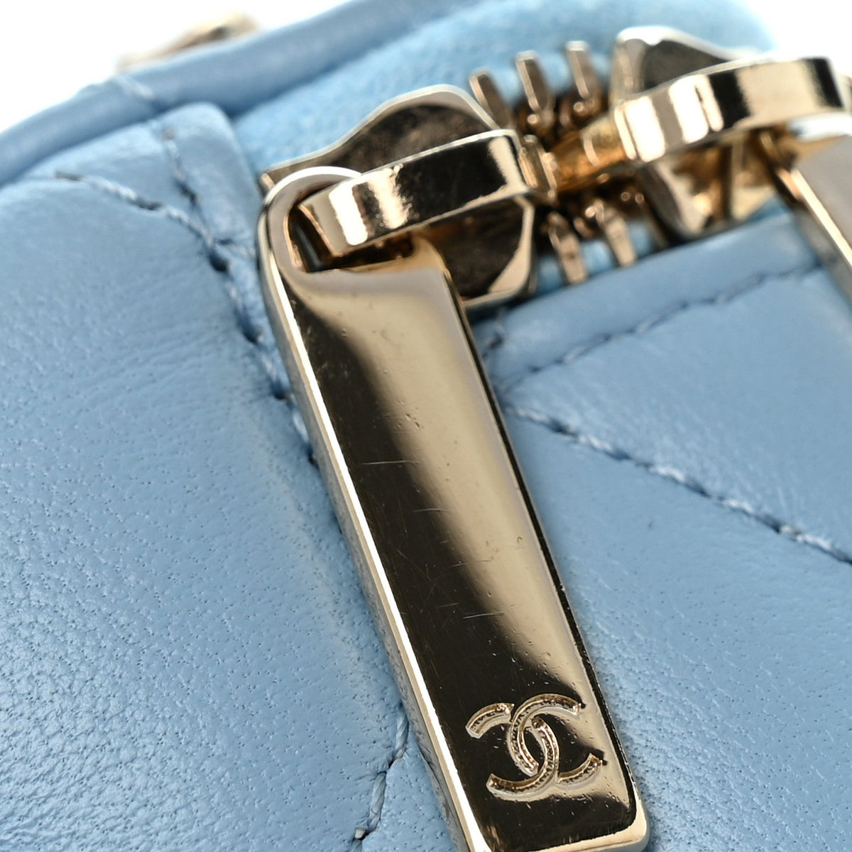 Lambskin Quilted Enamel Coco Mini Vanity Case With Chain Blue