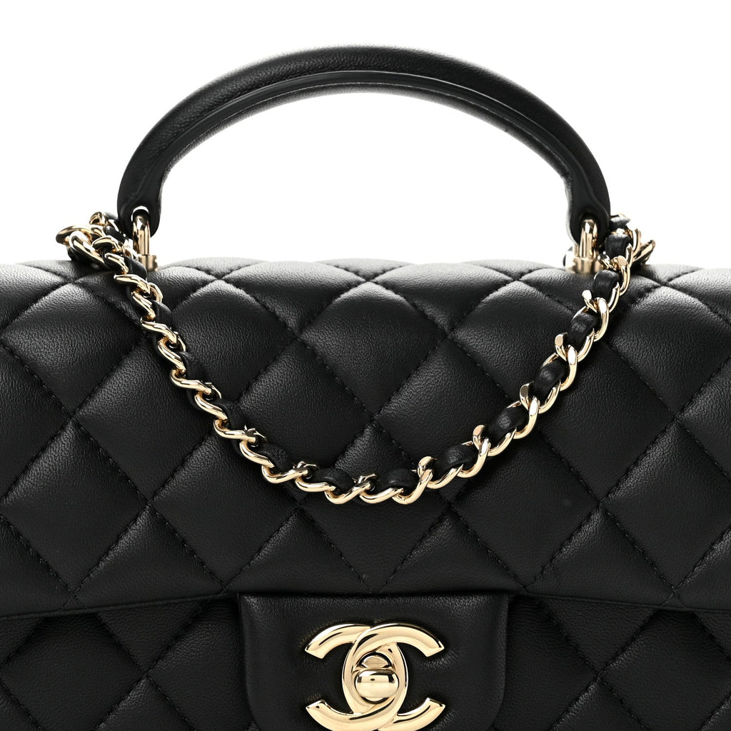 Lambskin Quilted Top Handle East West Flap Black