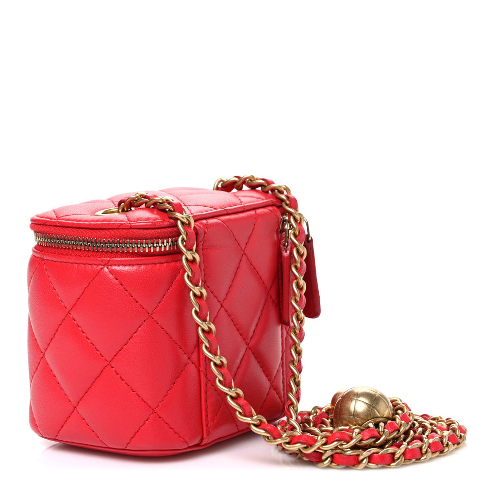 Lambskin Quilted Pearl Crush Mini Vanity Case With Chain Red