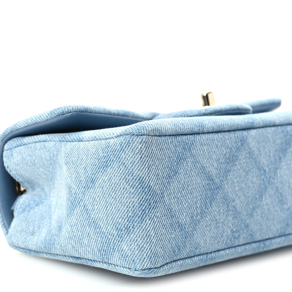 Printed Denim Quilted Mini Rectangular Flap Light Blue