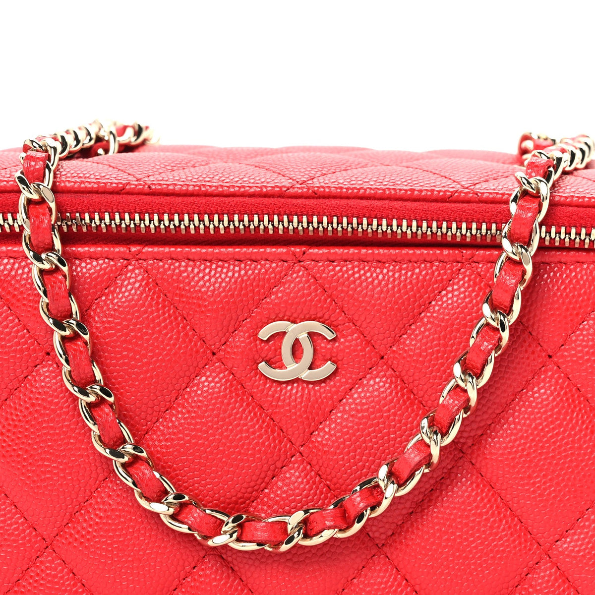 Caviar Quilted Small Vanity Case With Chain Red