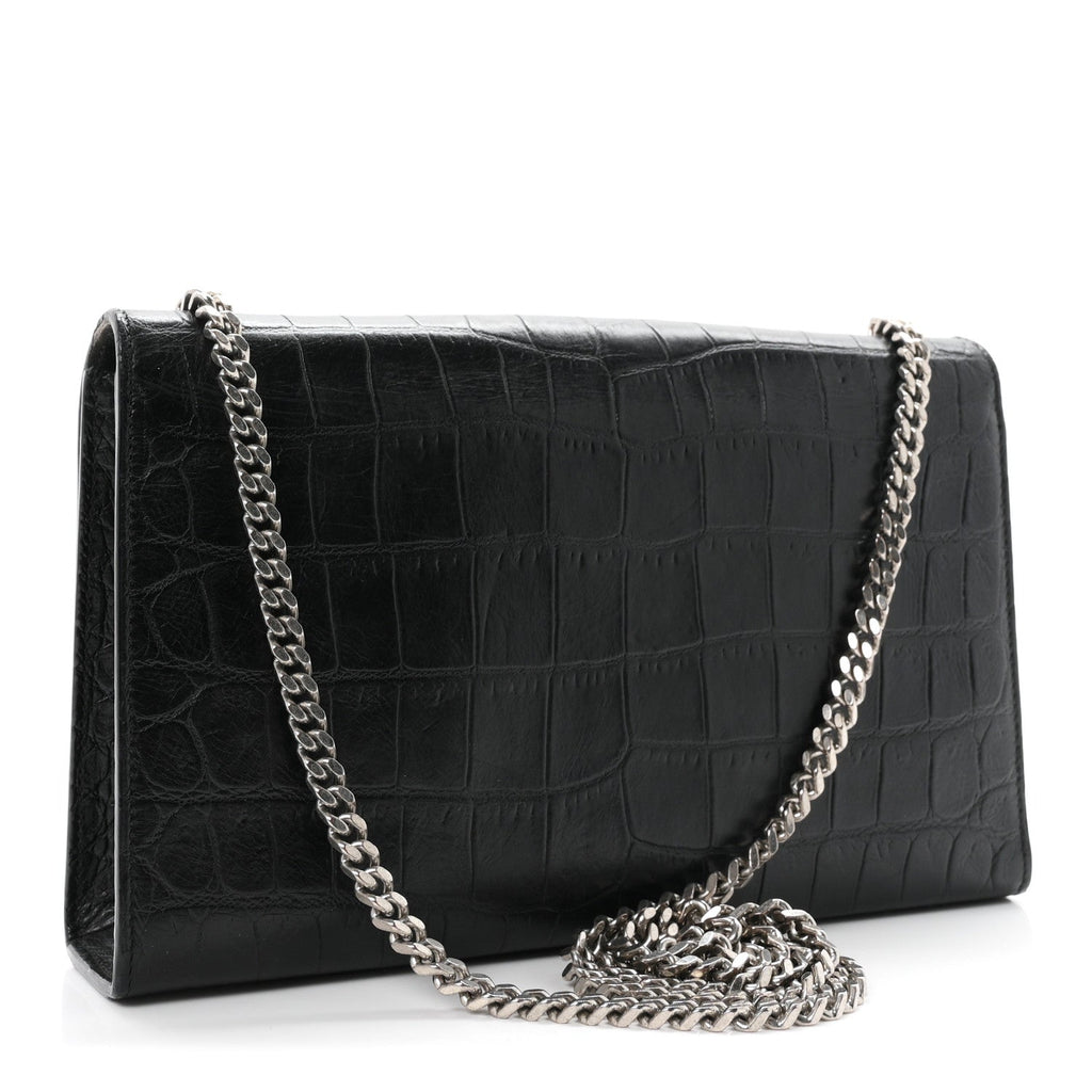 Calfskin Crocodile Embossed Medium Classic Monogram Kate Tassel Satchel Black