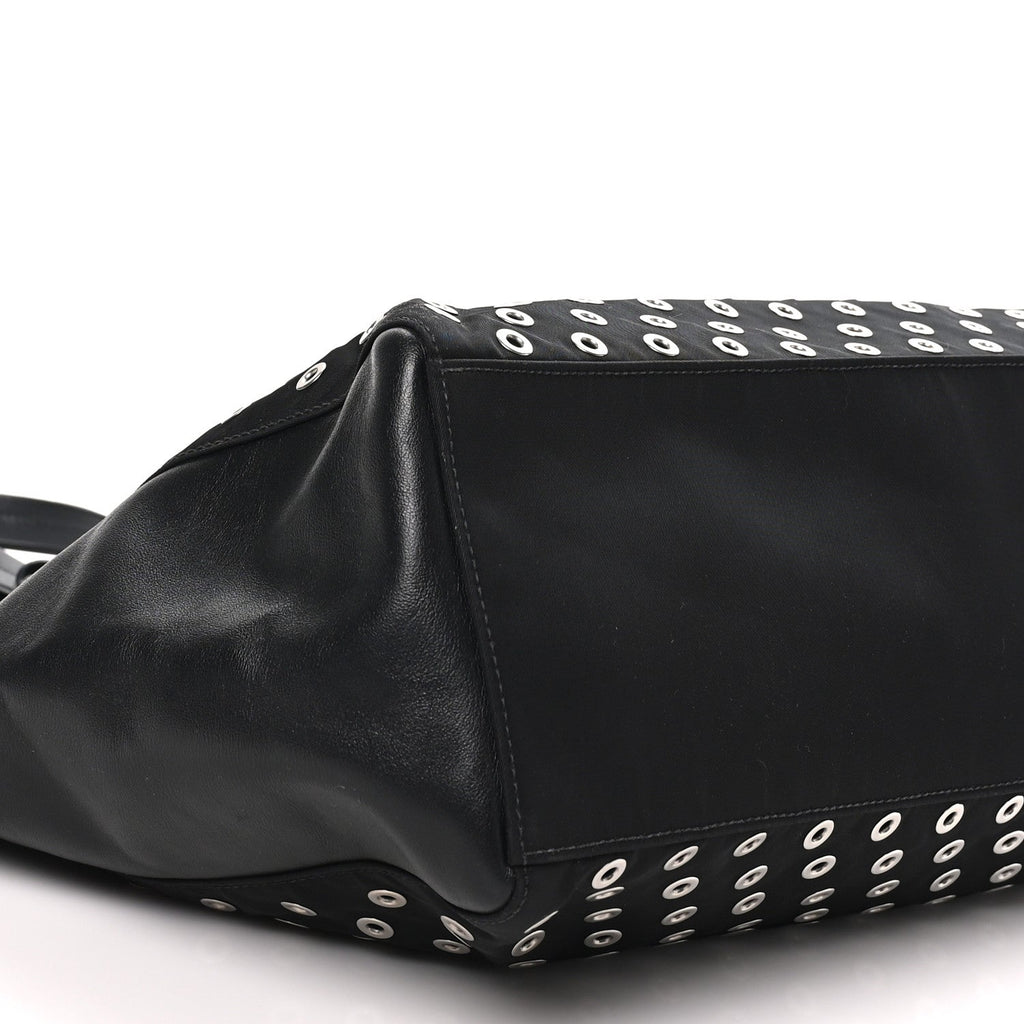 Tessuto Nylon Calfskin Grommet Tote Black