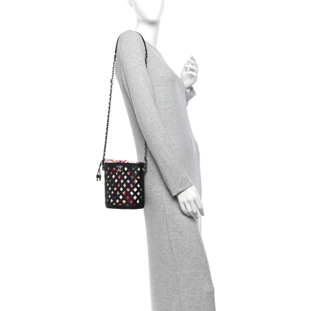 Lambskin Sea Through Bucket Drawstring Bag Black Multicolor