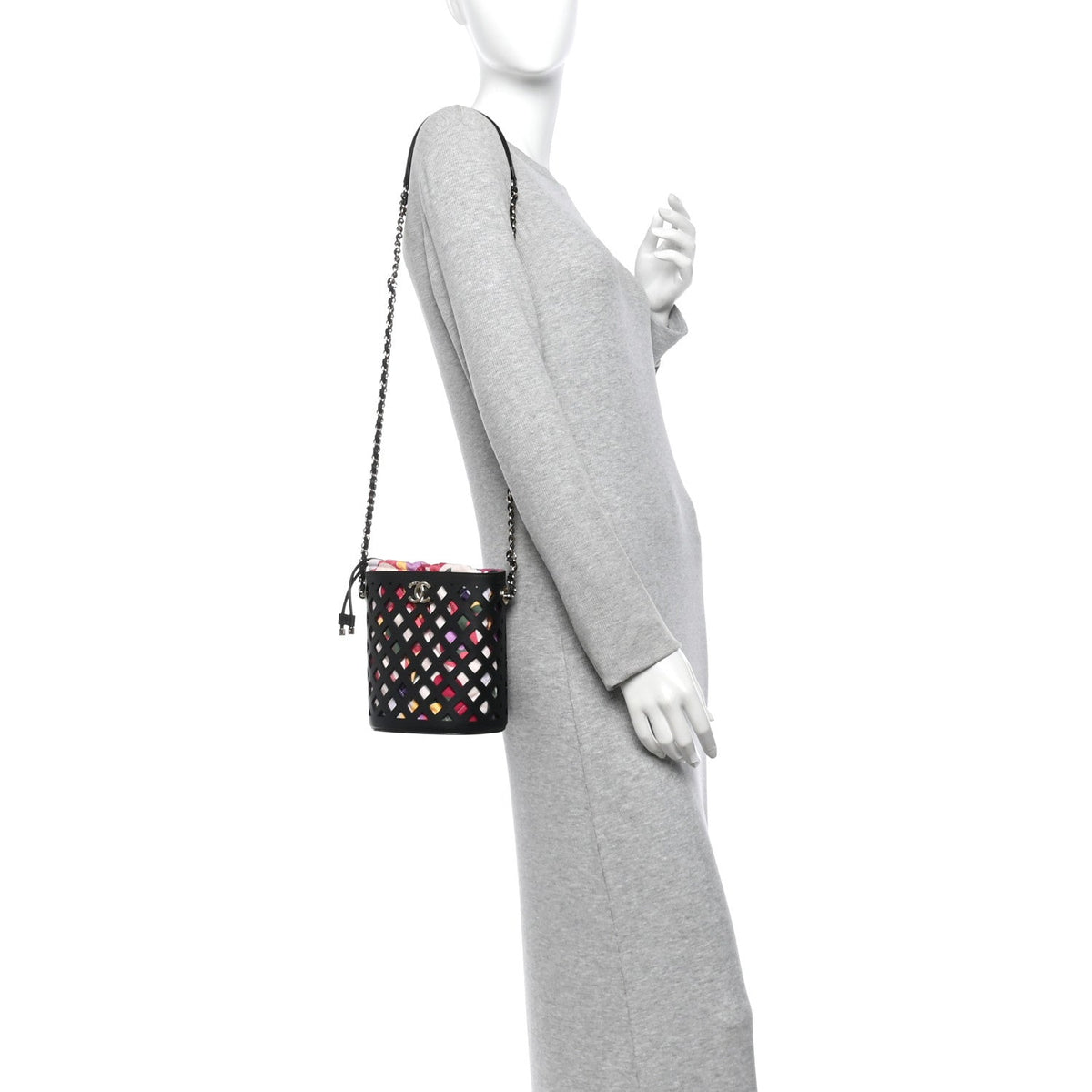Lambskin Sea Through Bucket Drawstring Bag Black Multicolor