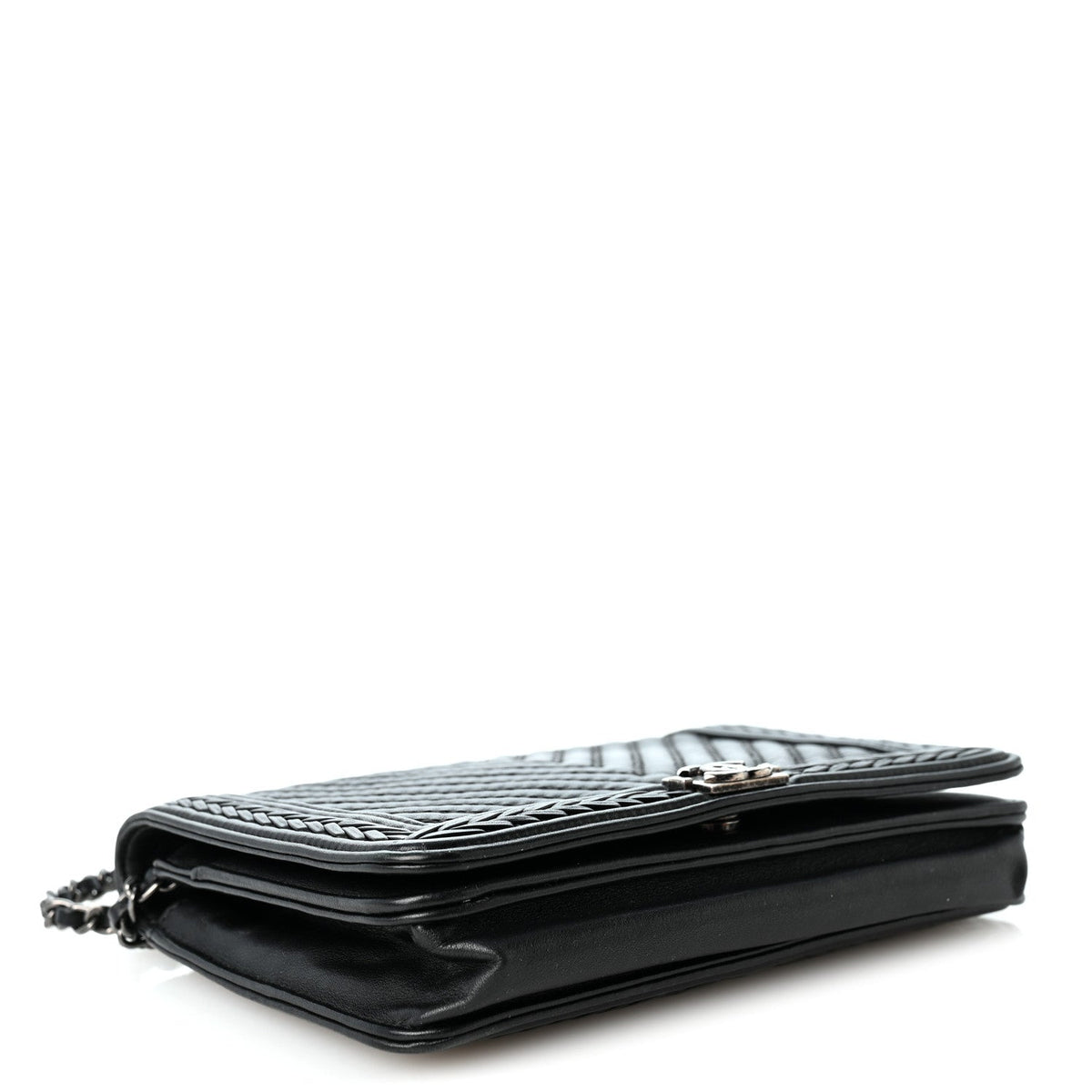 Calfskin Chevron Quilted Braided Boy Wallet On Chain WOC Black