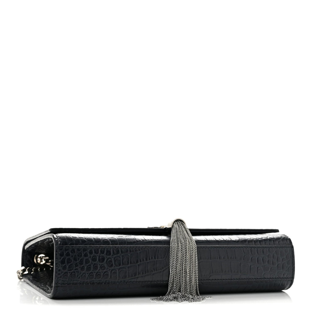 Calfskin Crocodile Embossed Medium Classic Monogram Kate Tassel Satchel Deep Marine